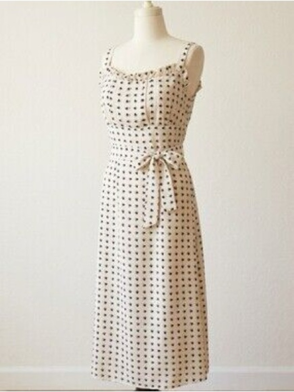 RIHOAS Cream Midi Dress with Black Polka Dots and Waist Tie